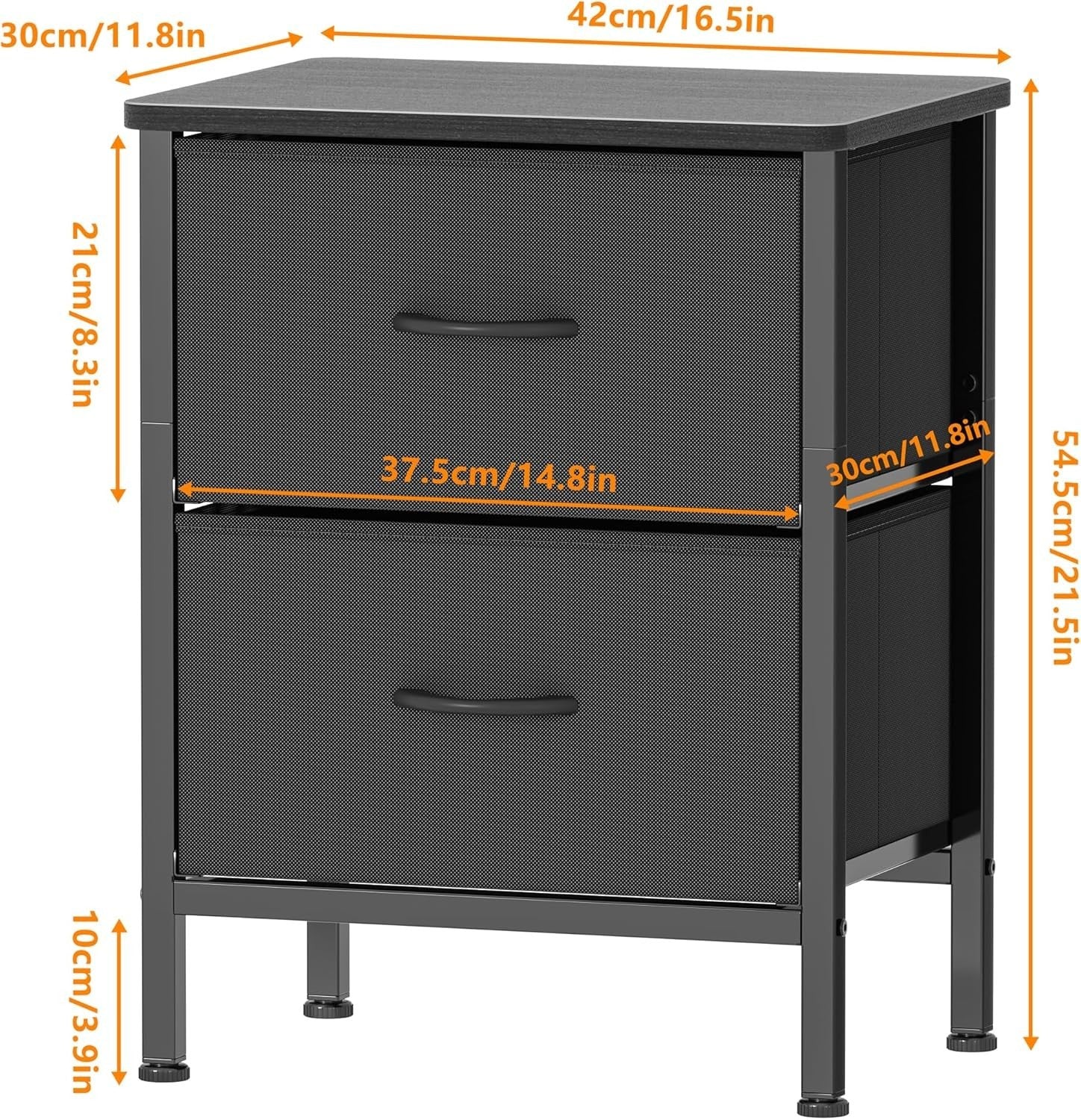 Set of 2 Black Bedside Tables with Fabric Drawers | Metal Frame Storage Cabinets