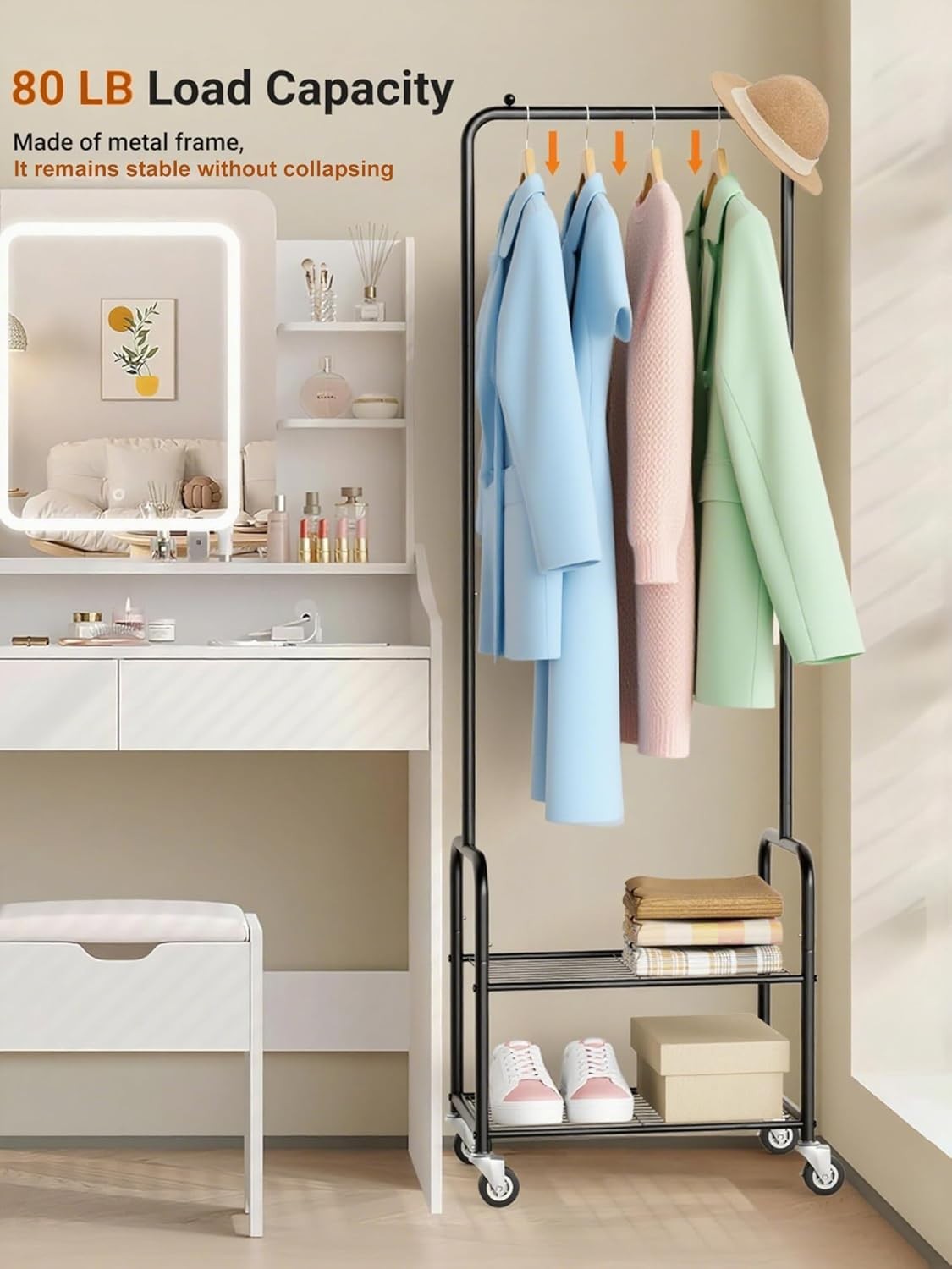 Small Clothes Rail with Shelves & Wheels – Black 178cm