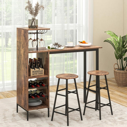 3-Piece Bar Table Set with Wine Rack, Glass Holders & Open Shelves, Rustic Brown