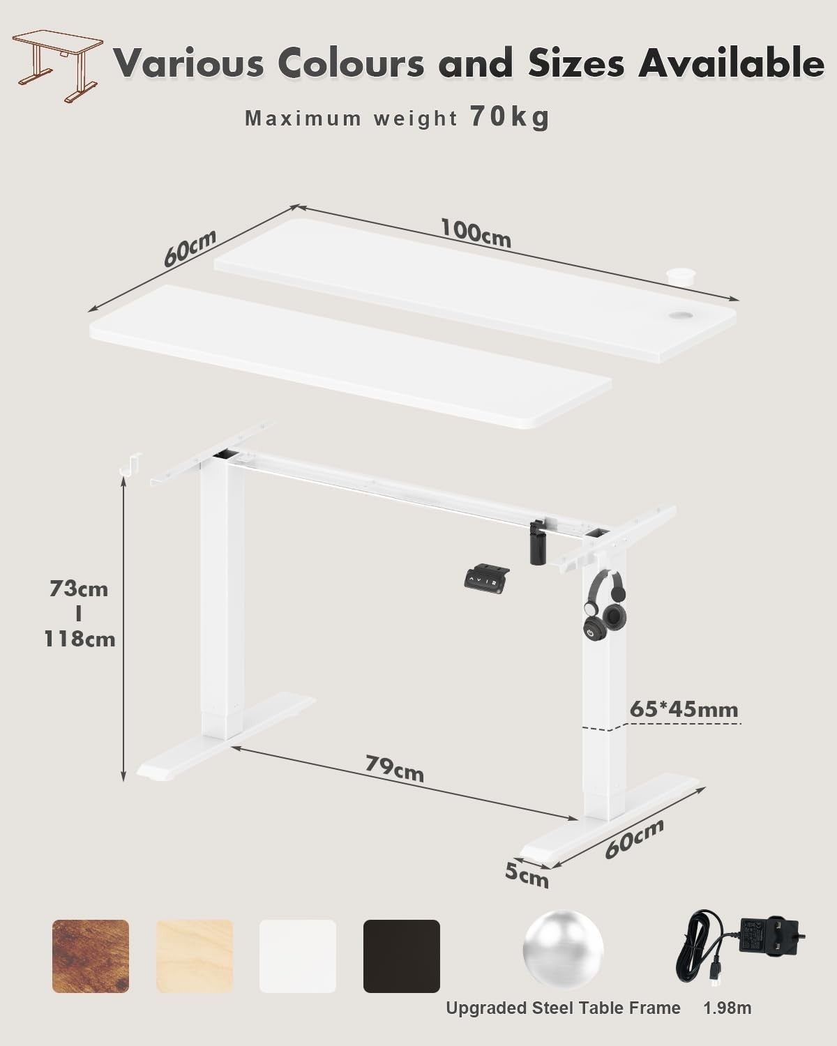 Electric Height Adjustable Standing Desk 140x60cm White Ergonomic Workstation