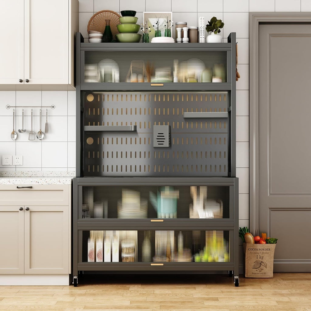 100x42x155cm 5-Tier Black Kitchen Storage Cabinet with Flip Door & Wheels