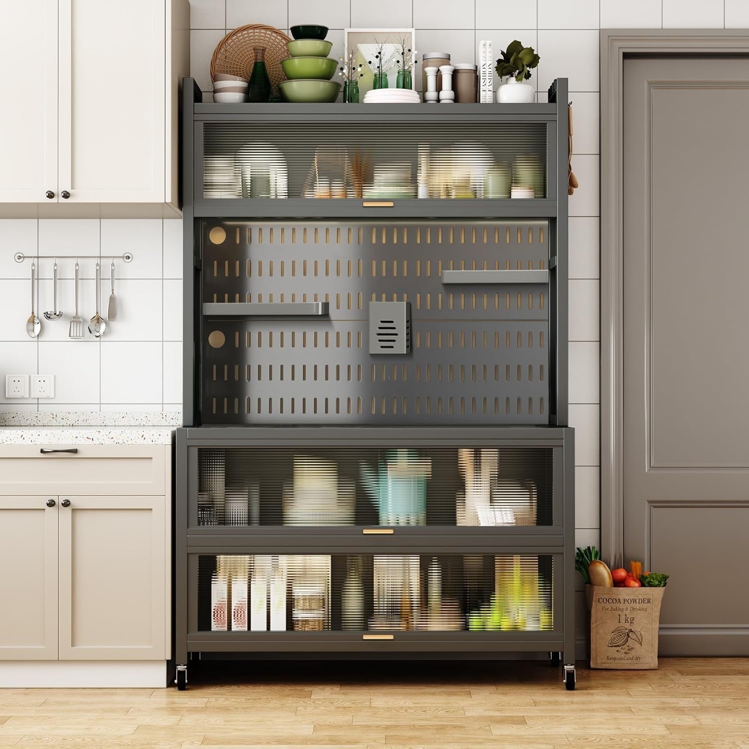 100x42x155cm 5-Tier Black Kitchen Storage Cabinet with Flip Door & Wheels