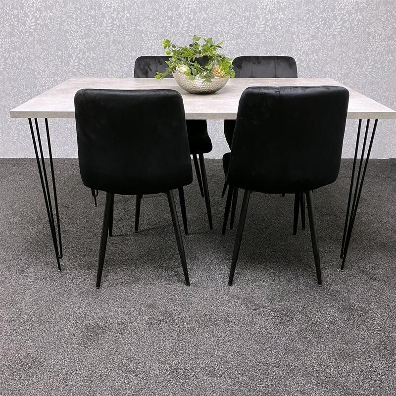 Grey Dining Table Set with 4 Black Velvet Chairs – Hairpin Legs 4 Seater