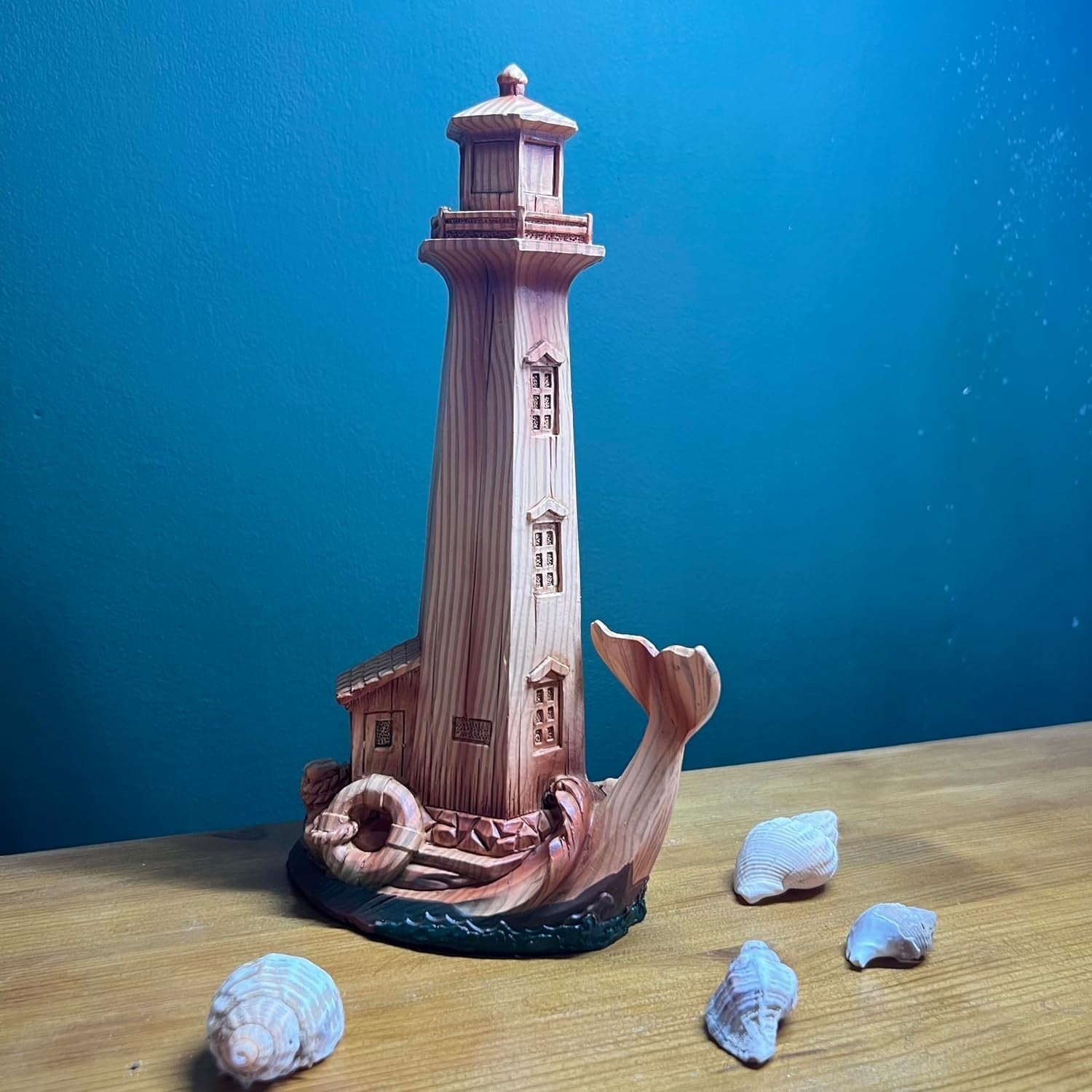 Wood-Effect Lighthouse Ornament 22cm | Nautical Decor Sculpture | Whale Tail