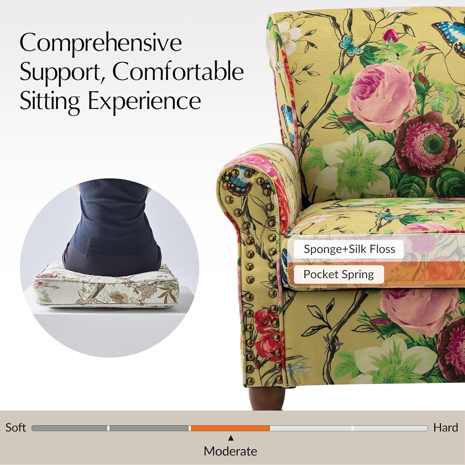 Set of 2 Floral Wingback Accent Armchairs Yellow Lounge Bedroom Seating