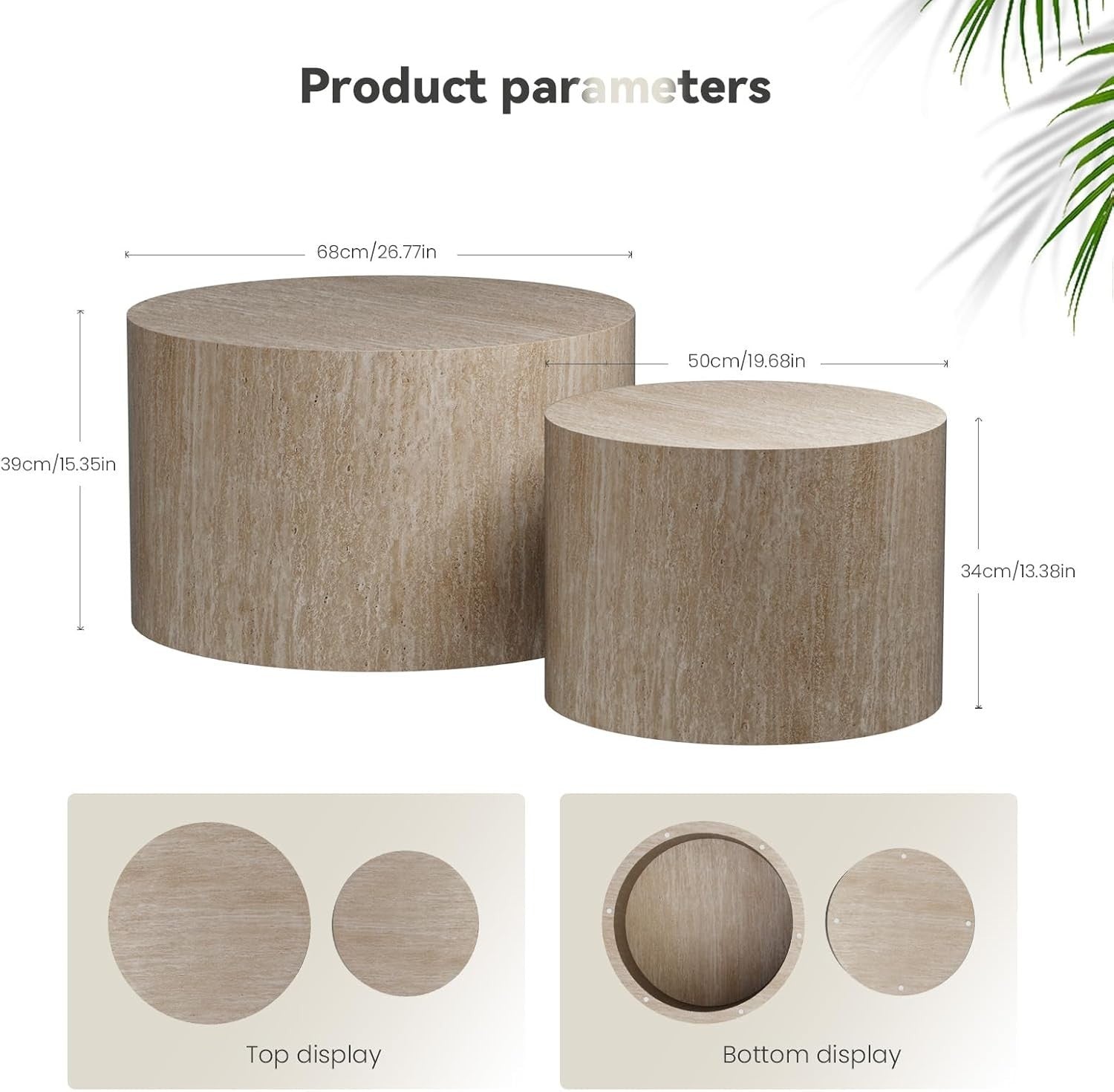 Round Nesting Coffee Table Set of 2 Modern Wood Side End Tables Living Room Beig