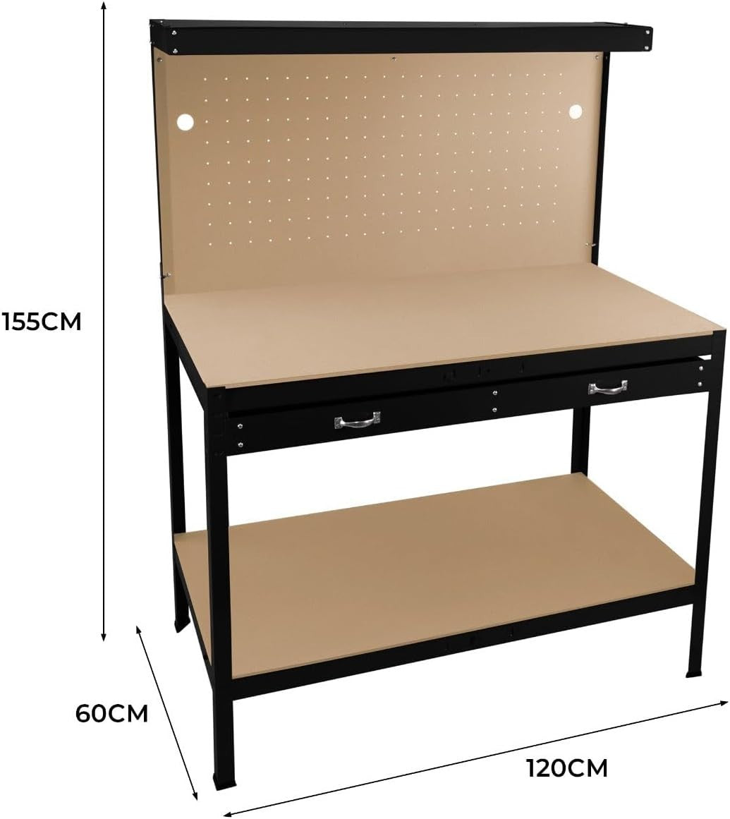 Black Garage Workbench Steel Pegboard Drawer LED Light 370kg Tool Station