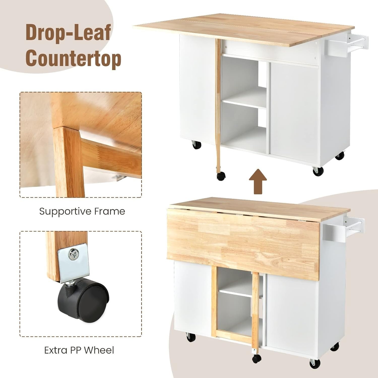 124cm Kitchen Island Cart Extendable Rubber Wood