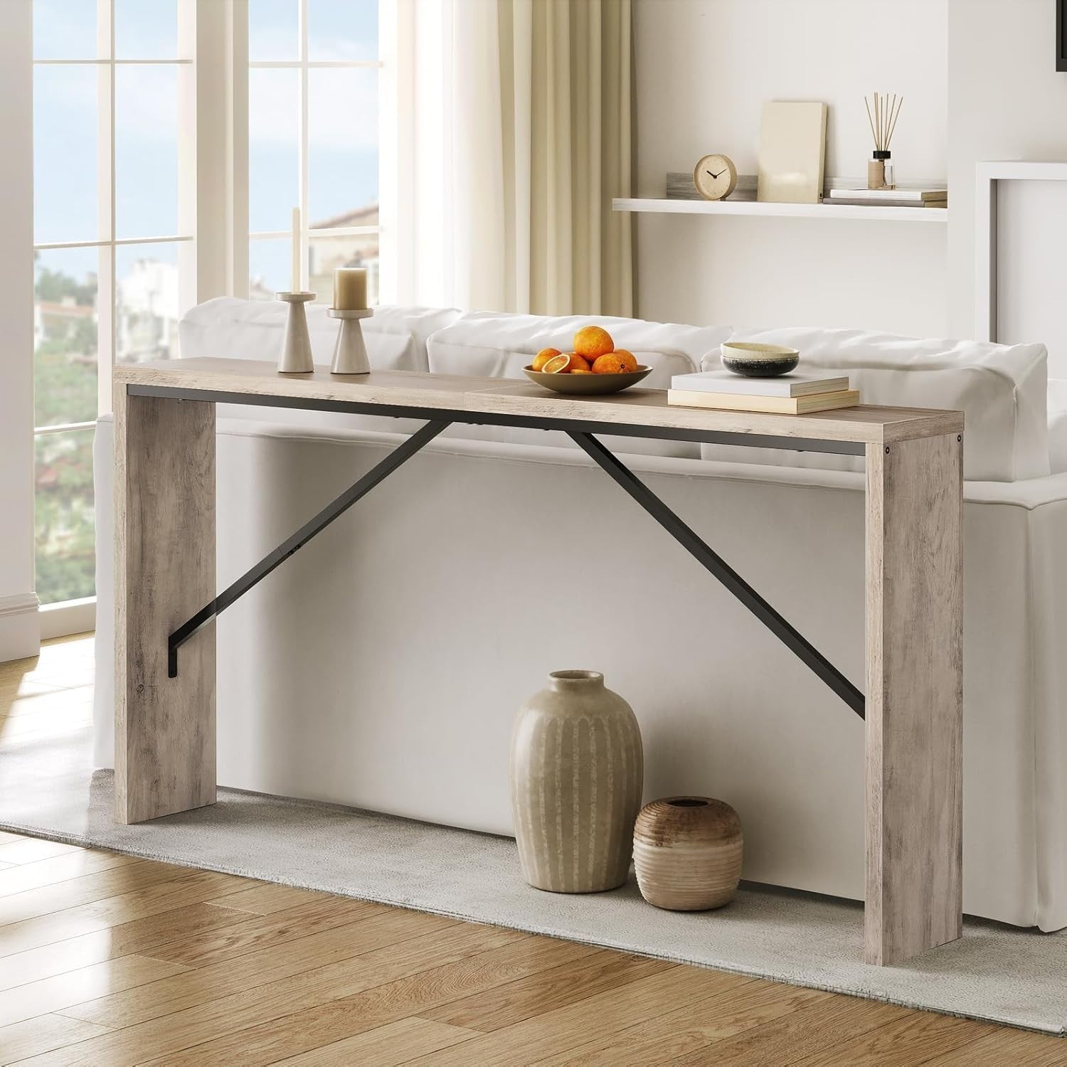 Industrial Console Table 62.2" Long with Metal Frame & Storage for Entryway