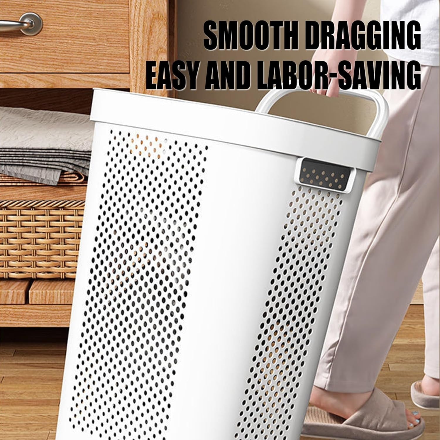 White Rolling Laundry Hamper with Lid & Handle | Ventilated Large Clothes Basket
