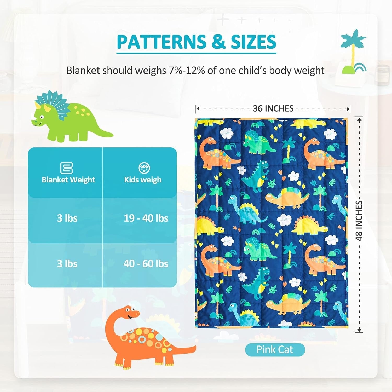 Kids Weighted Blanket Blue Dinosaur 1.4kg 90x120cm Soft Calming Comfort