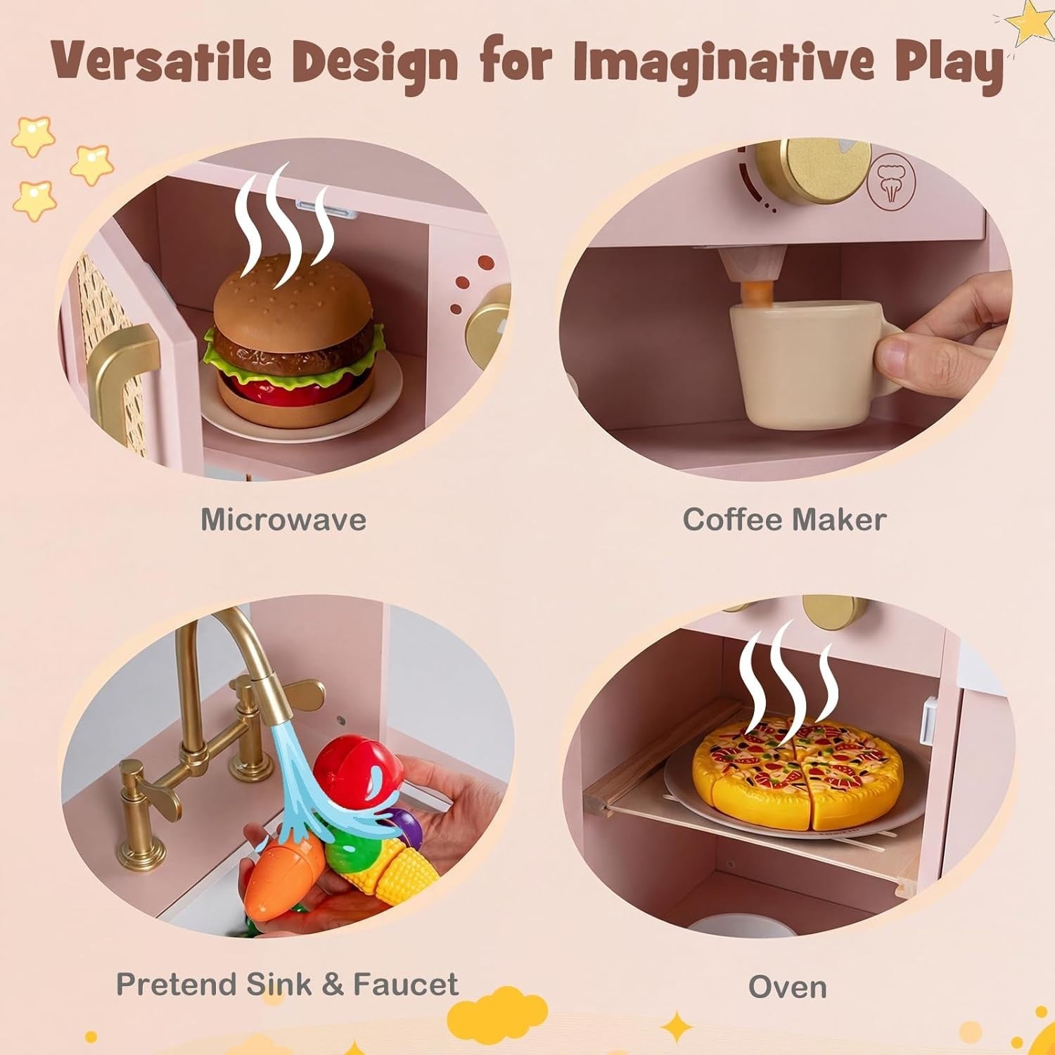 Kids Wooden Play Kitchen Lights Sounds Coffee Maker Ice Dispenser