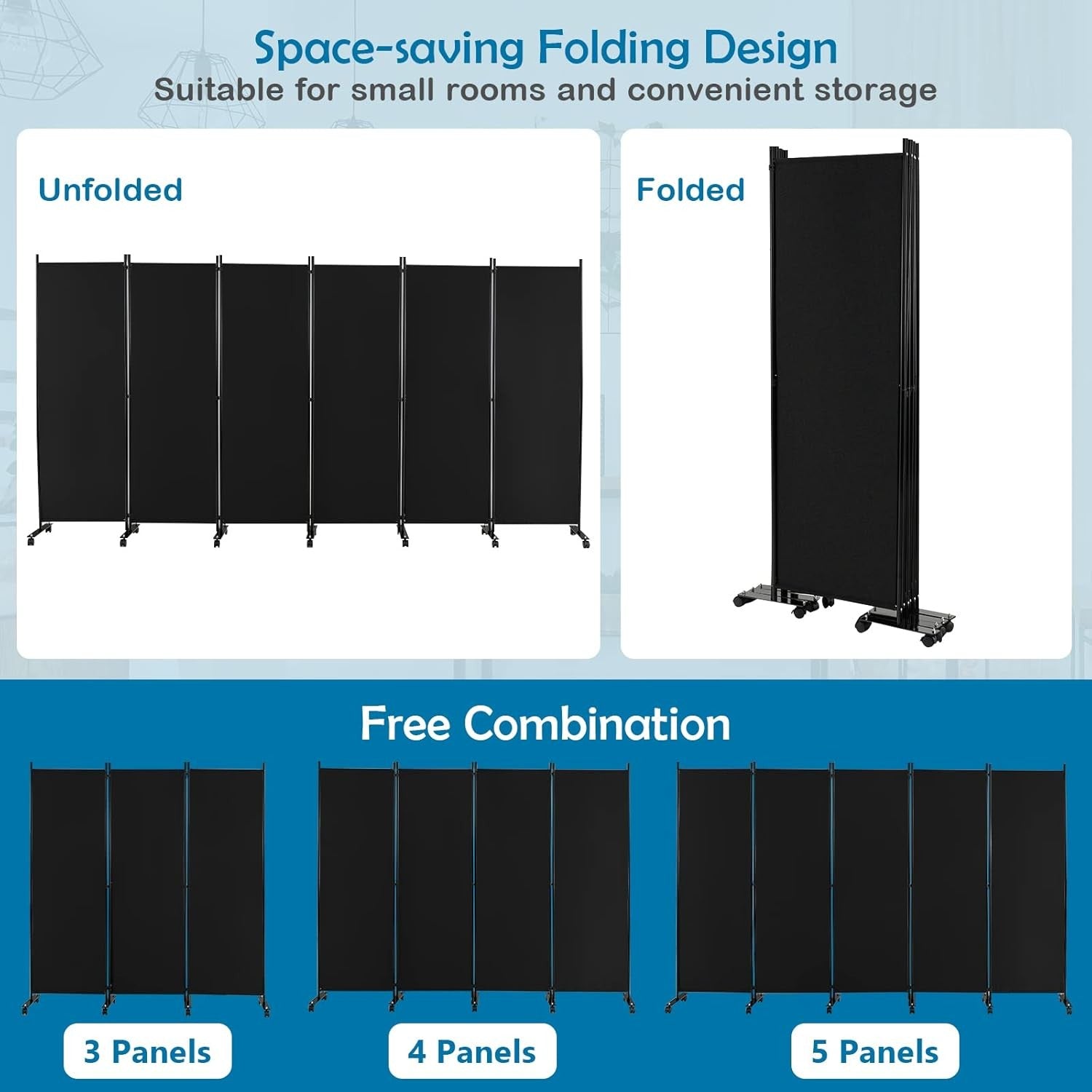 6 Panel Black Folding Room Divider Privacy Screen on Wheels for Home Office