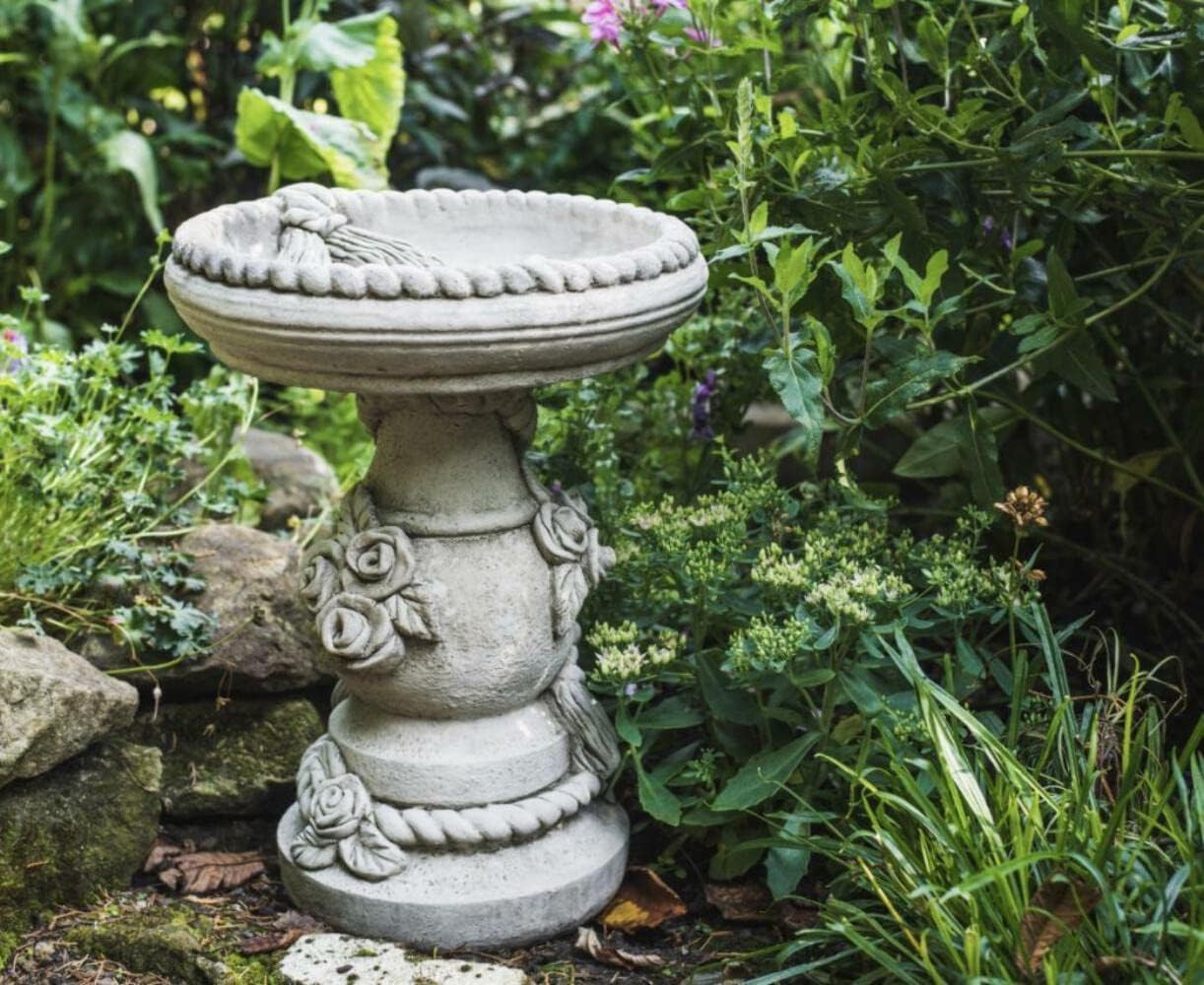 Stone Bird Bath Feeder Ropes & Roses Design Garden Ornament Sculpture Outdoor