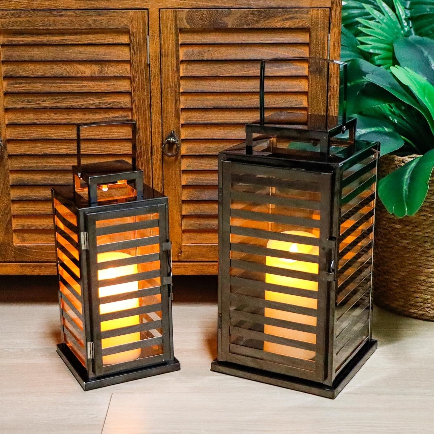 Set of 2 Black Stainless Steel Candle Lanterns 38 cm