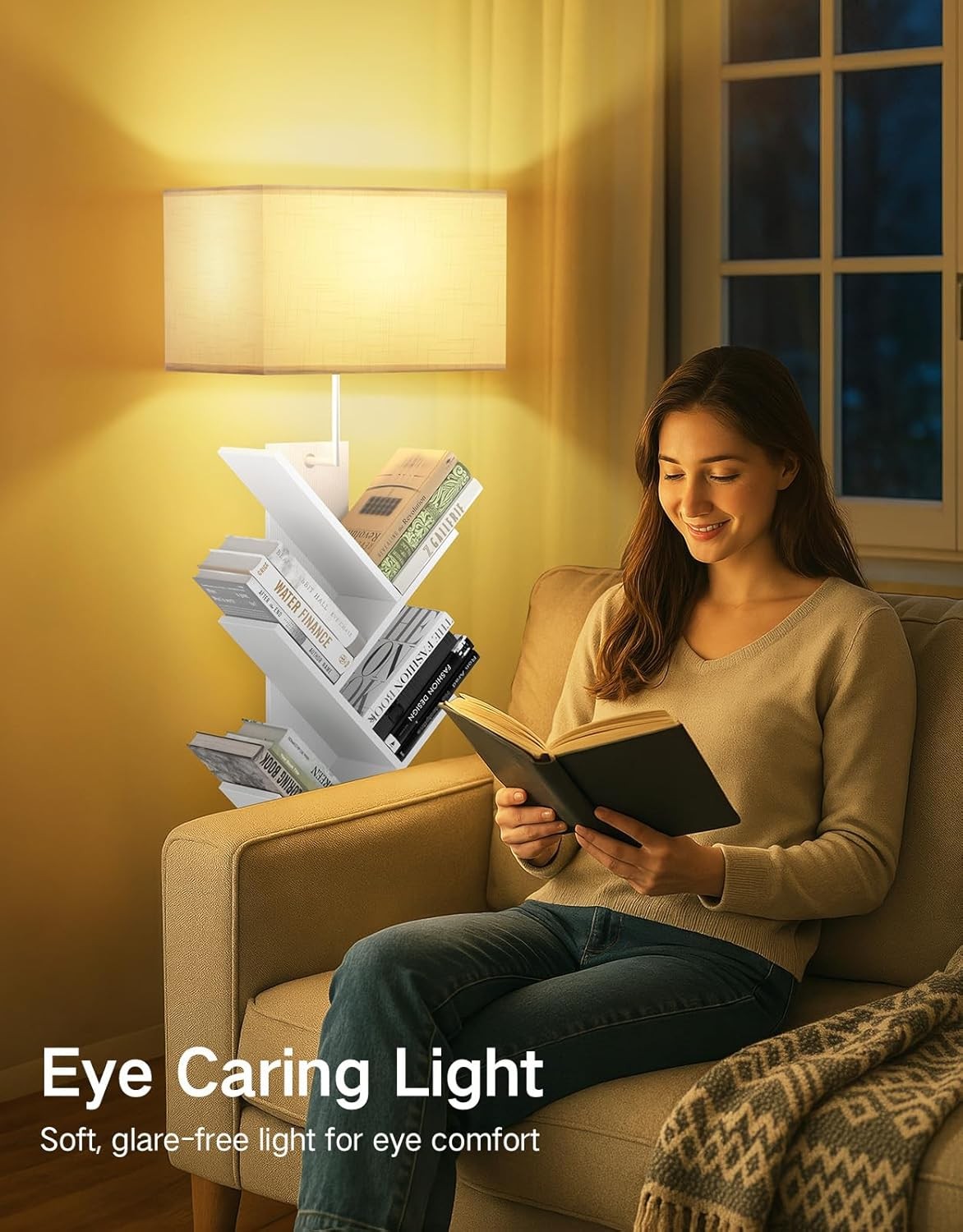 9 Tier Tree Bookshelf White Floor Lamp with Remote Light Narrow Wooden Bookcase