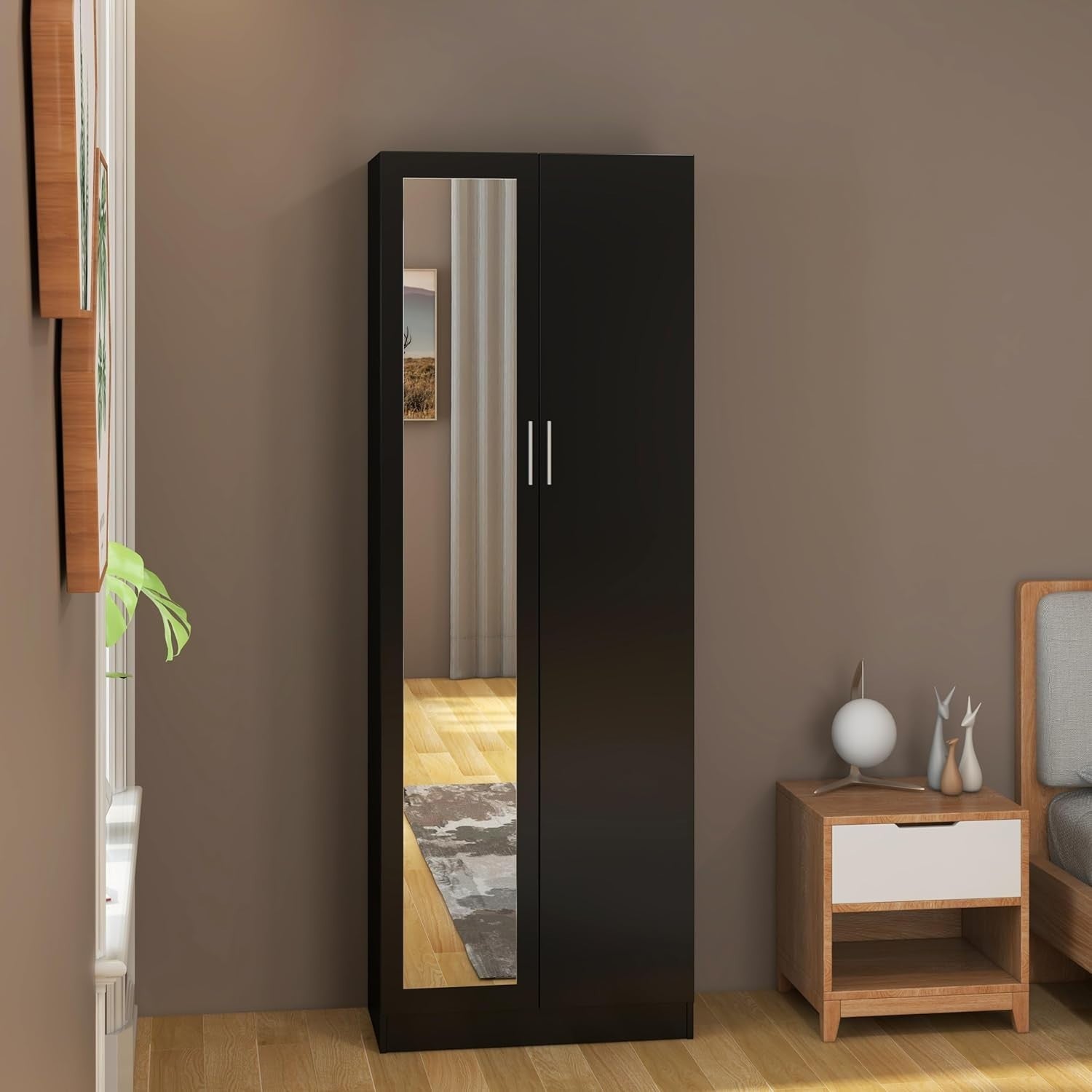 Black Mirrored Wardrobe 2 Door Storage Cabinet with Rail 170cm Tall