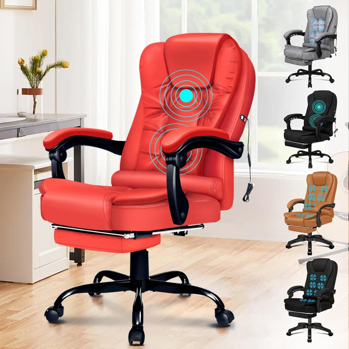 Red Massage Office Chair Recliner Footrest Ergonomic PU Leather Swivel