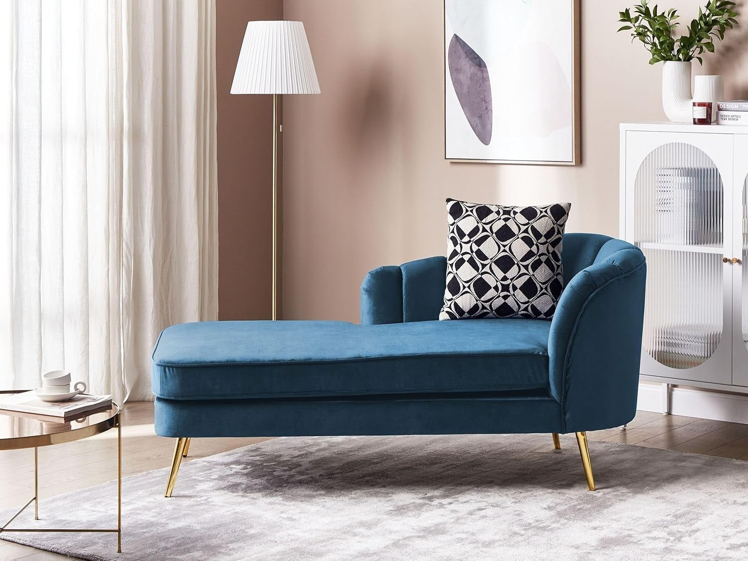 Navy Velvet Chaise Lounge Sofa | Gold Legs, 76cm Seat, Right Hand Design