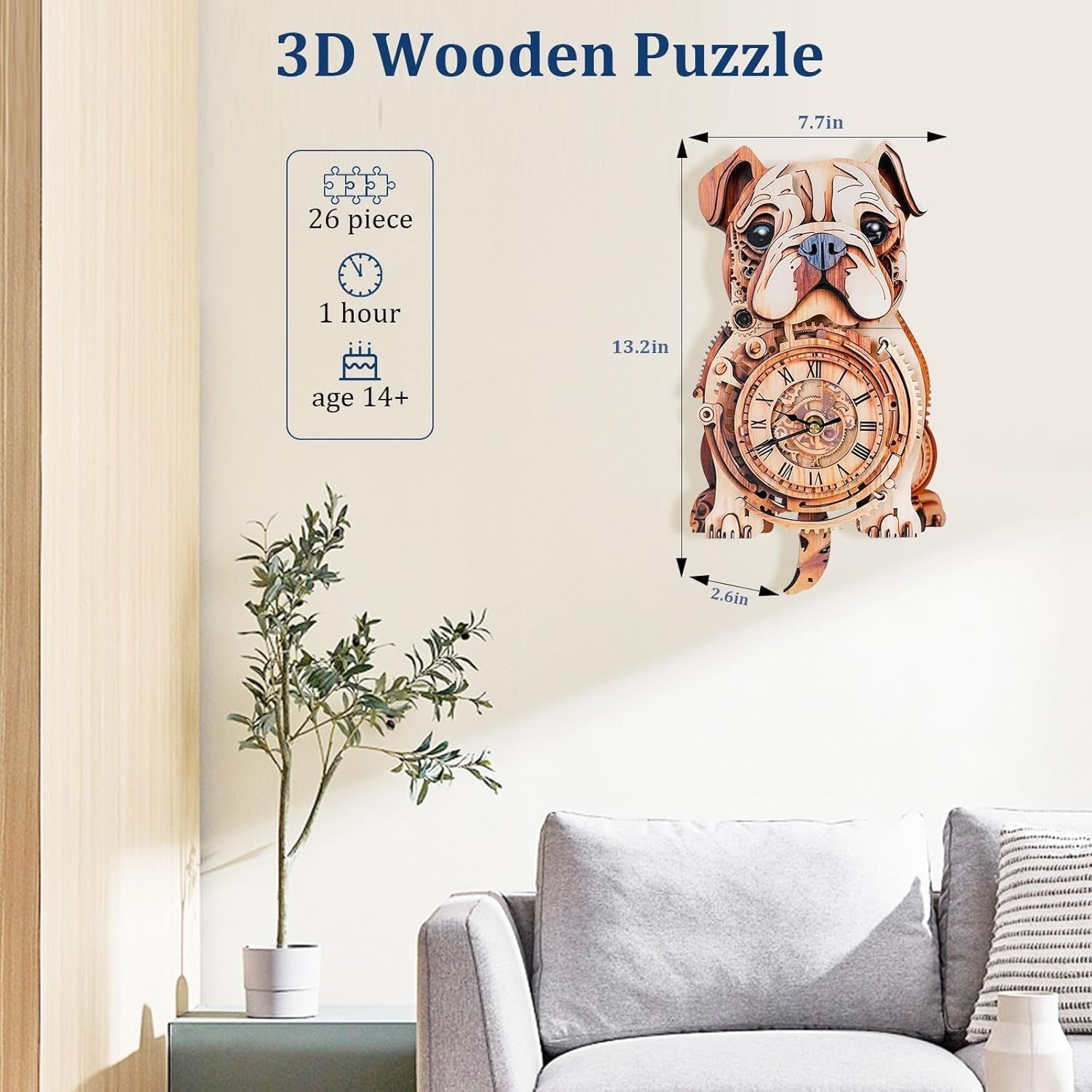 3D Wooden Bulldog Puzzle Clock Kit – Mechanical, Functional, Home Decor