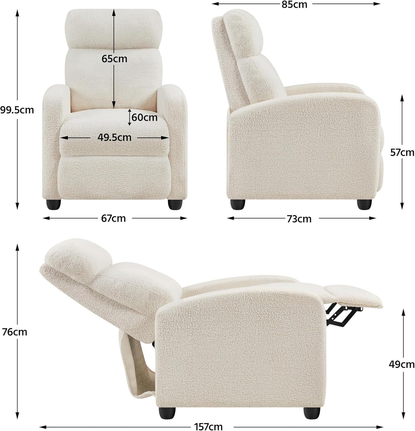 Ivory Boucle Recliner Armchair Sofa Lounge Chair Soft Adjustable Seat
