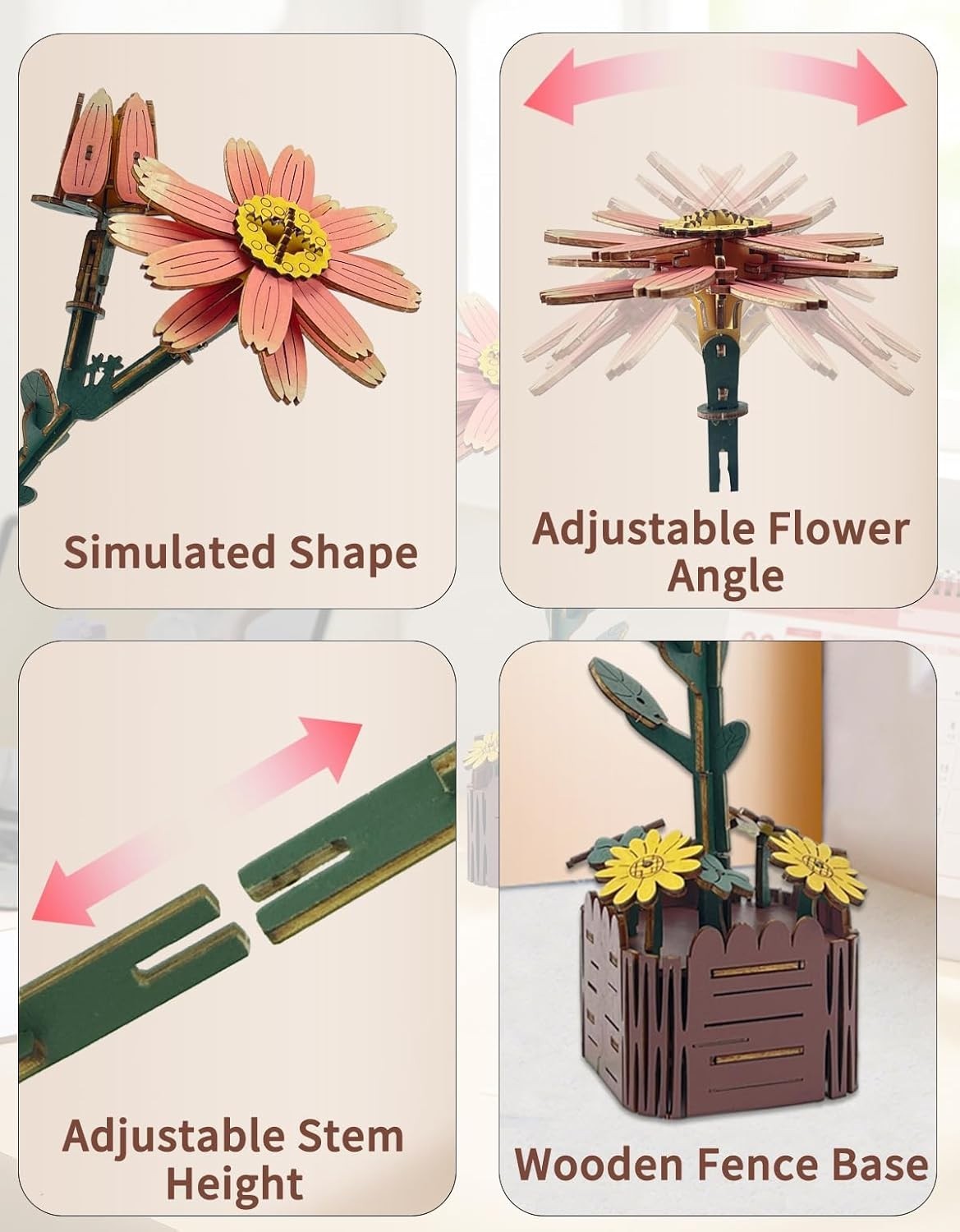 3D Wooden Flower Puzzle Kit for Adults – DIY Gift, Realistic Floral Decor