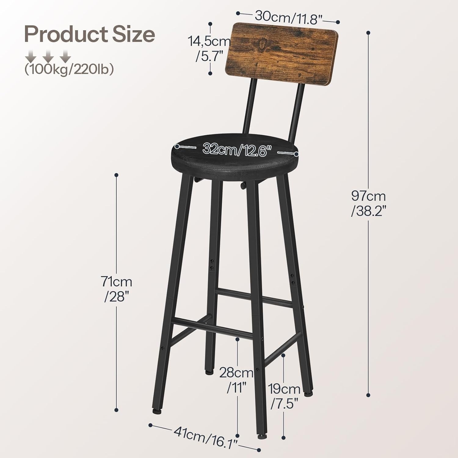 PU Upholstered Bar Stool Set of 2 | Ergonomic Counter Height 97cm