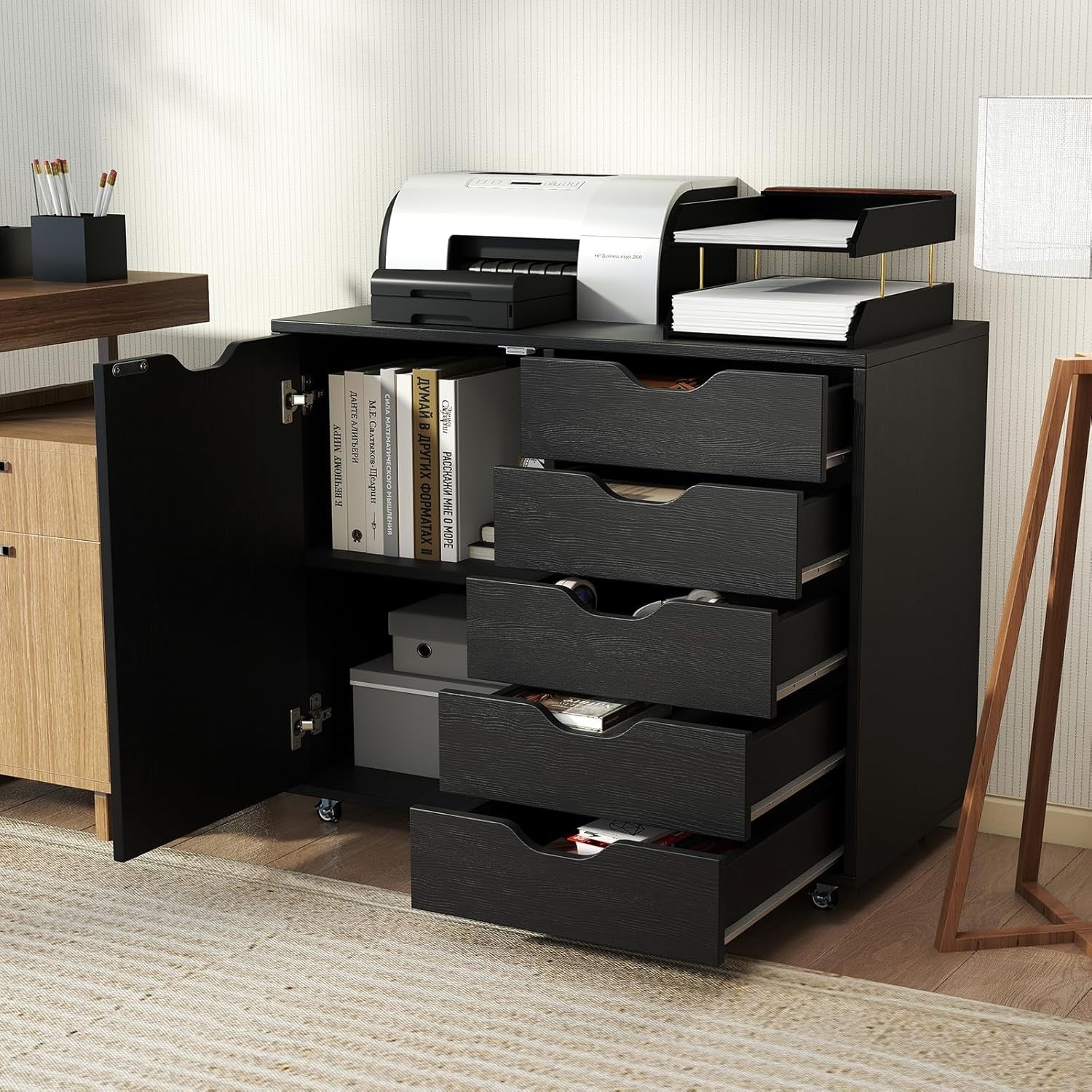 Black 5 Drawer Mobile File Cabinet 78x40x65cm Printer Stand