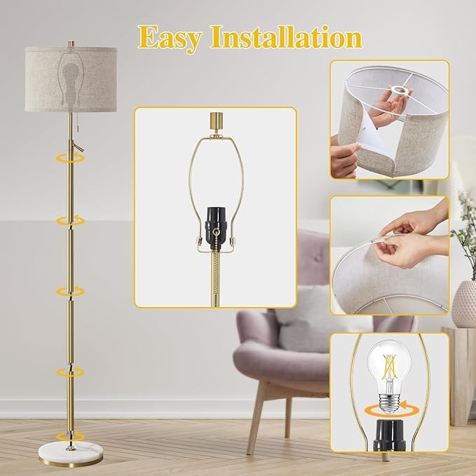 Gold Marble Floor Lamp Adjustable Height Fabric Shade Pull Chain Standing