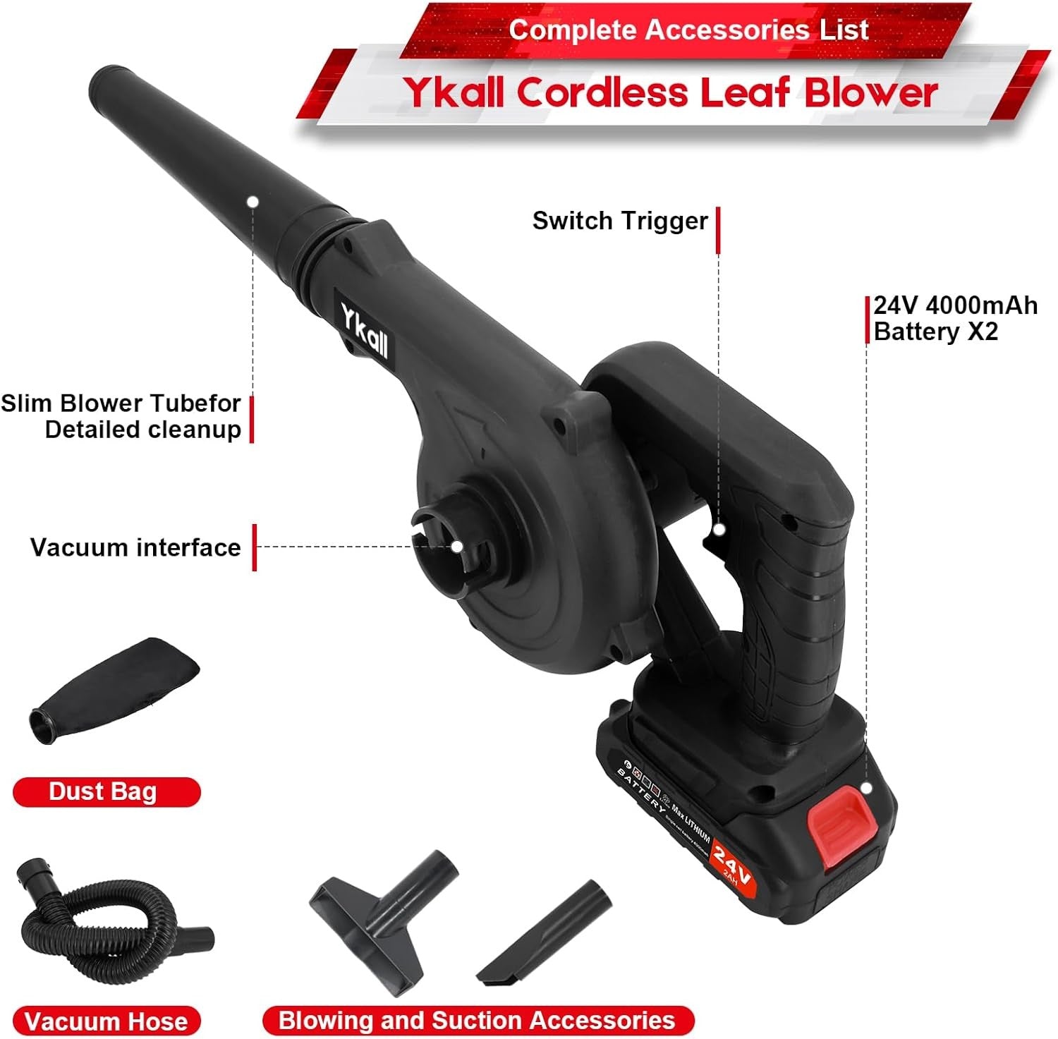 24V Cordless Leaf Blower Vacuum 2 Batteries Electric Lawn Patio Cleaner