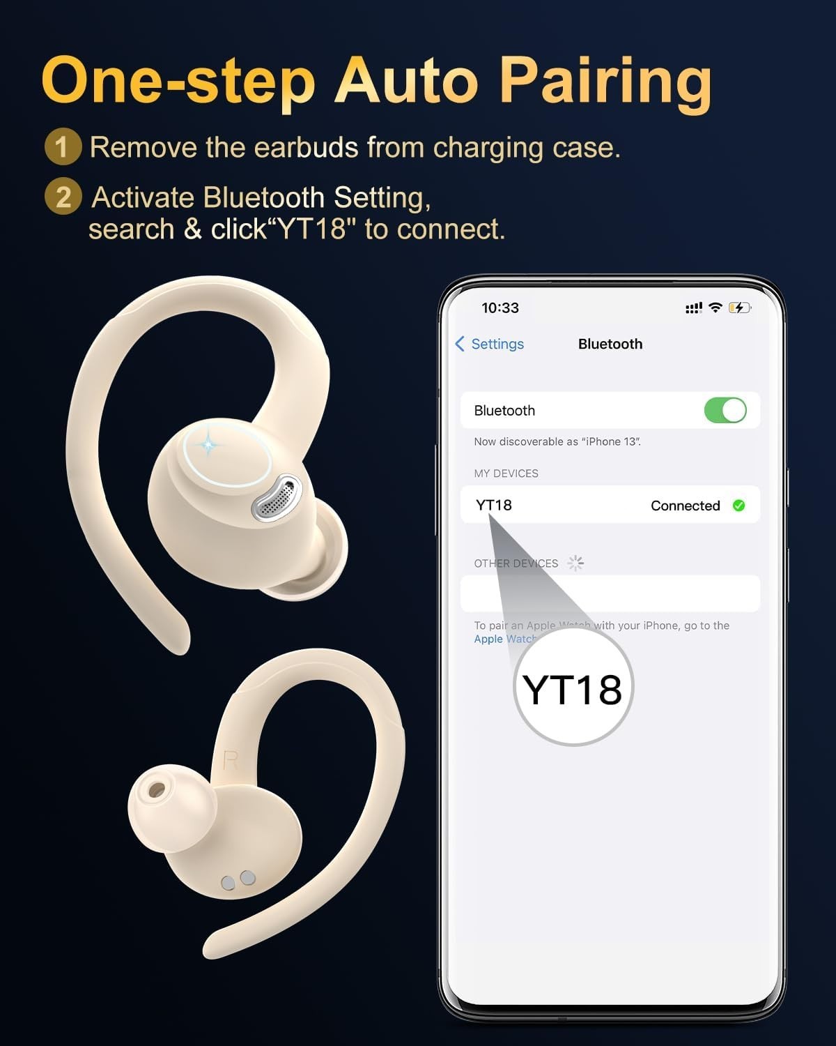 Beige Bluetooth 5.3 Earbuds 40H ENC Mic Sport IP7 Waterproof LED Case