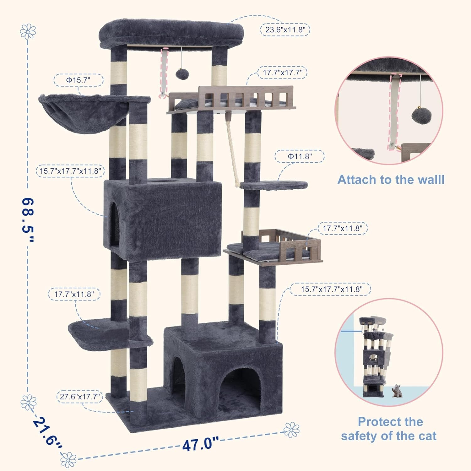 Heavy Duty Cat Tree Tower Large Cats Maine Coon Condo Hammock 15 Posts