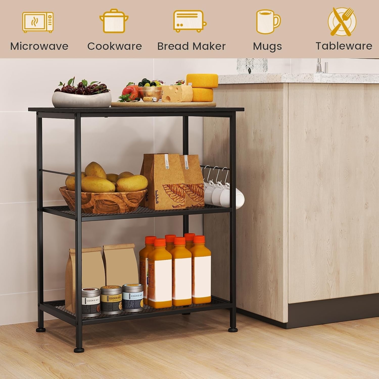 3 Tier Kitchen Trolley on Wheels Microwave Stand Metal Storage Cart