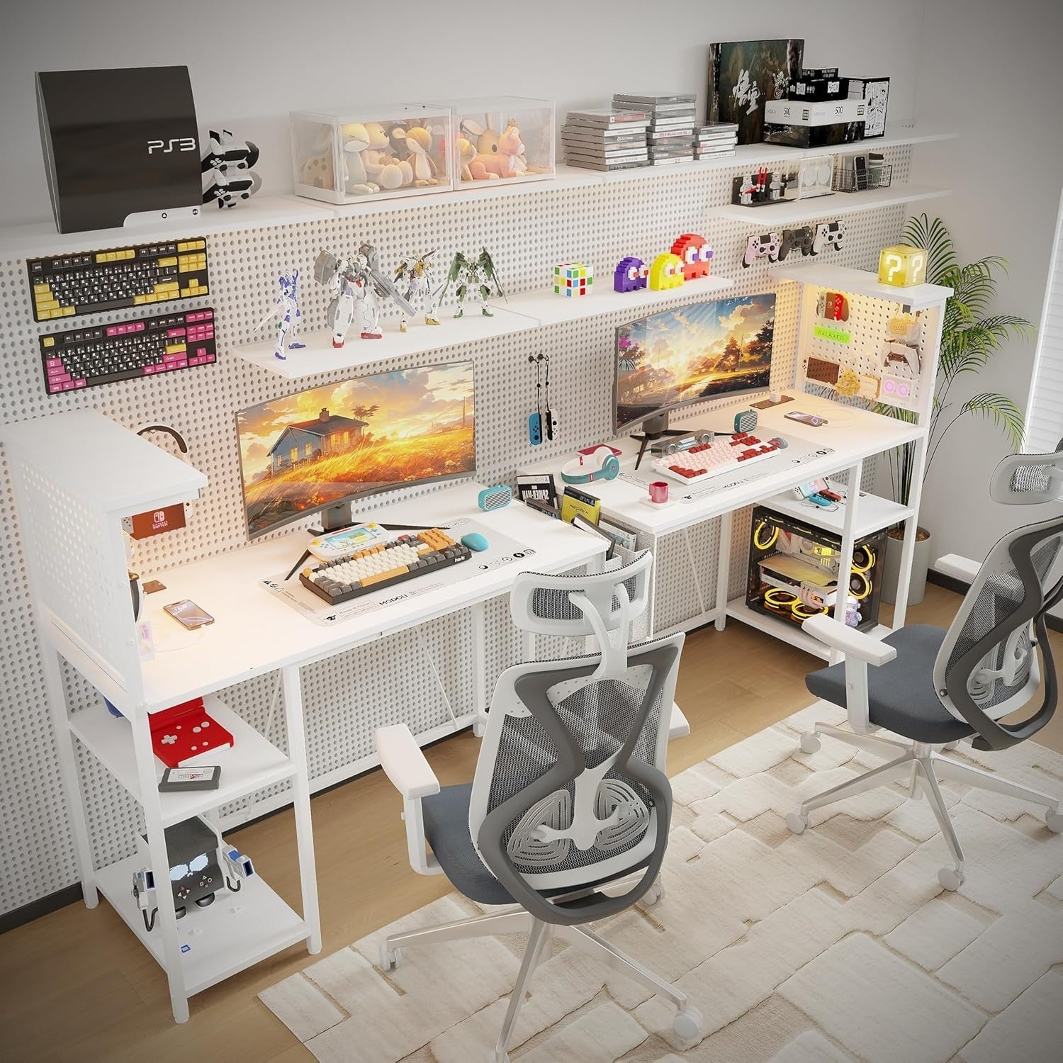 White Gaming Desk w/RGB LED, Power Hub & Reversible Shelf 120x50cm