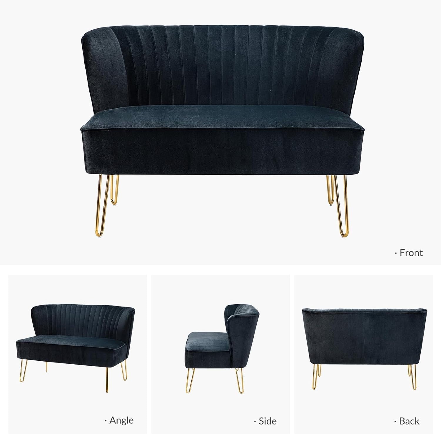 Black Velvet 2 Seater Sofa with Gold Legs Compact Loveseat for Lounge Flat
