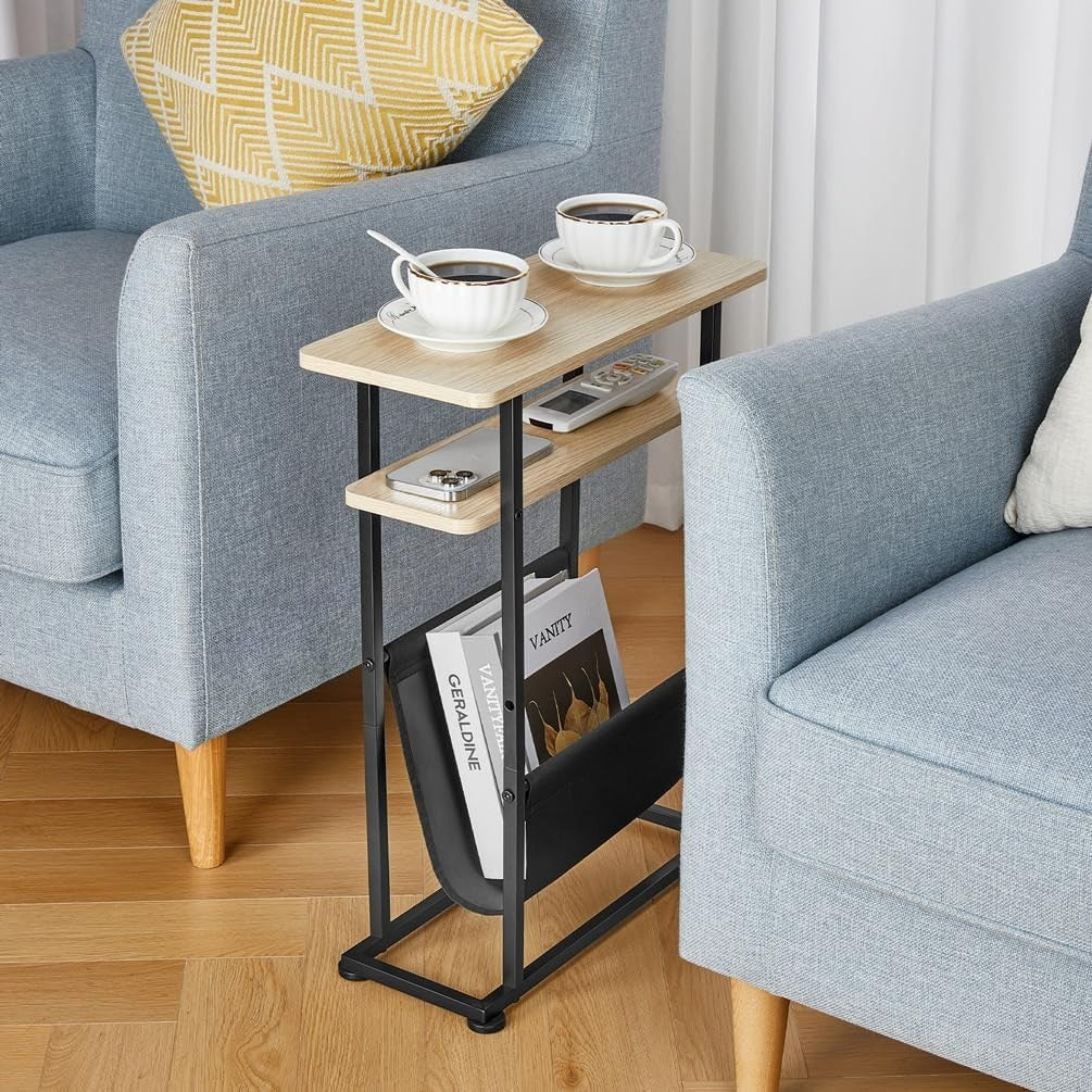 Slim Oak Side Table with Magazine Holder Narrow End Table 18x42x55cm