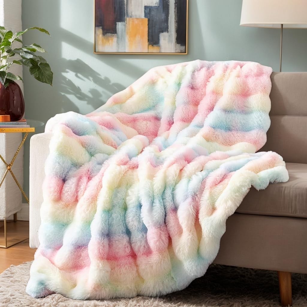 Luxury Plush Fleece Throw Blanket Thick Warm Sofa Bed Rainbow 100x160cm