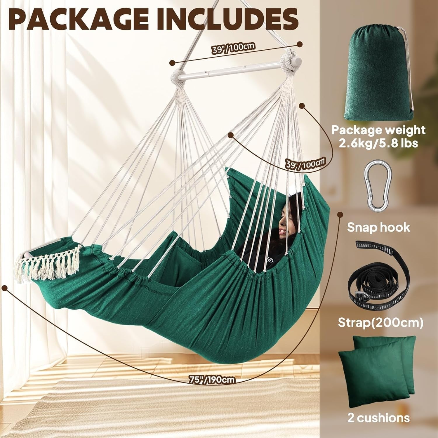 Hammock Chair with Footrest & Cushions | 550lbs Heavy Duty Indoor Outdoor Seat