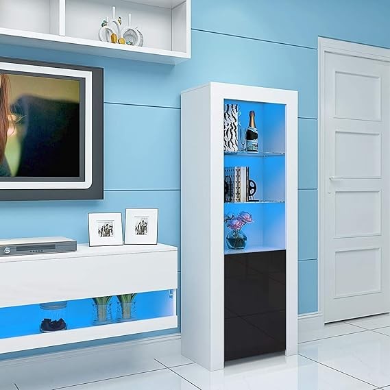 Tall LED Display Cabinet Cupboard with Glass Shelves & Storage Unit – Black