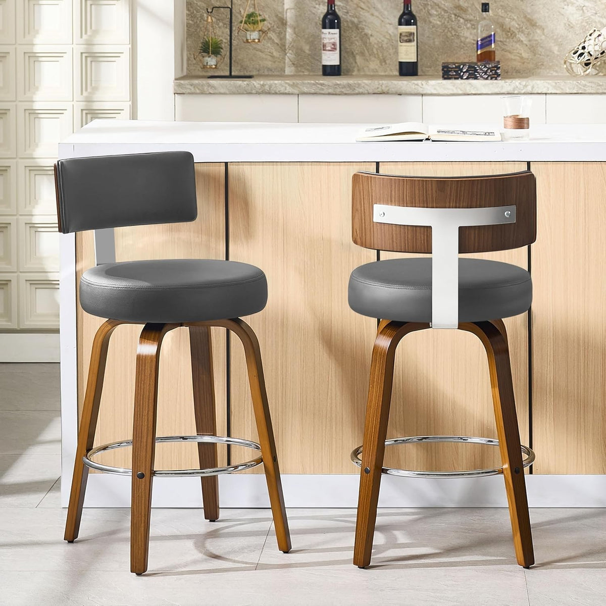 Gray Round PU Leather Swivel Bar Stools Set of 2 | Wooden Counter Chairs