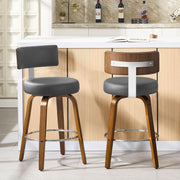 Gray Round PU Leather Swivel Bar Stools Set of 2 | Wooden Counter Chairs