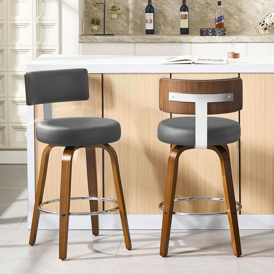Gray Round PU Leather Swivel Bar Stools Set of 2 | Wooden Counter Chairs