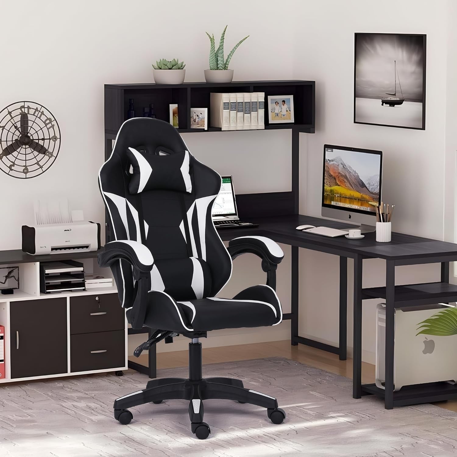 Ergonomic Gaming Chair w/ Lumbar Support Headrest Swivel White