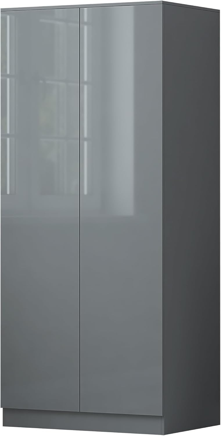 Modern 2 Door Bedroom Wardrobe Grey Gloss Storage Clothes Organizer H180xW80cm