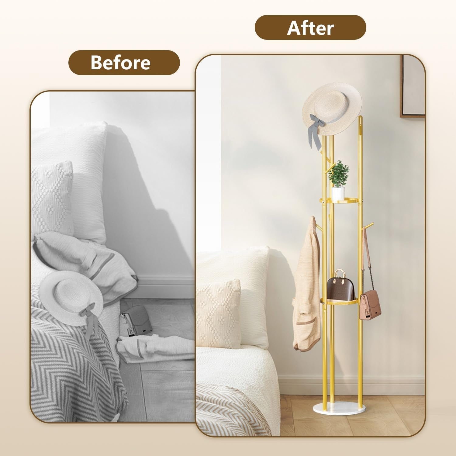 Modern Gold Metal Coat Rack with Shelves | Freestanding Hall Tree Organizer Stan