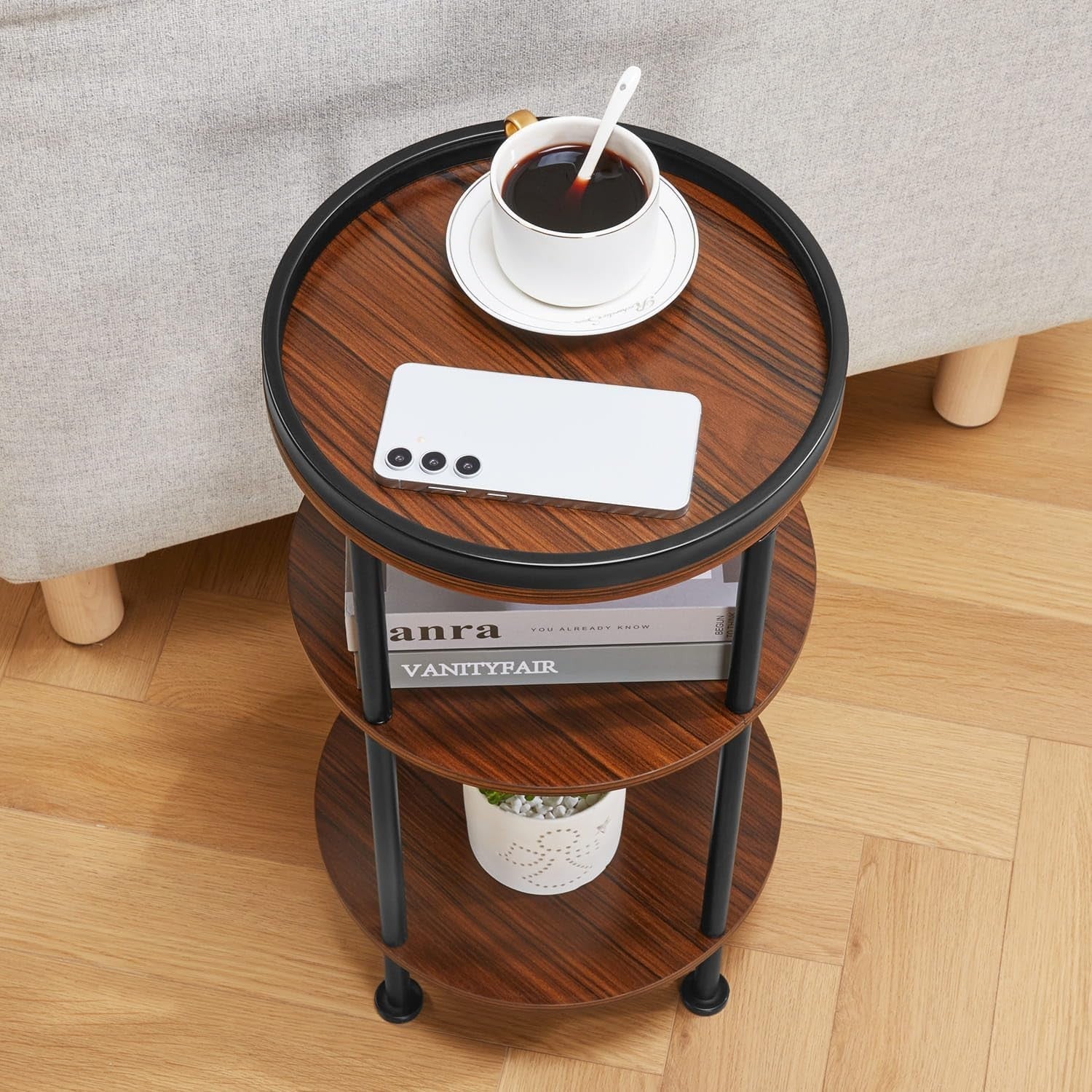 3 Tier Round Side Table with Storage Shelf Metal Frame Small Space Cherry 30x55
