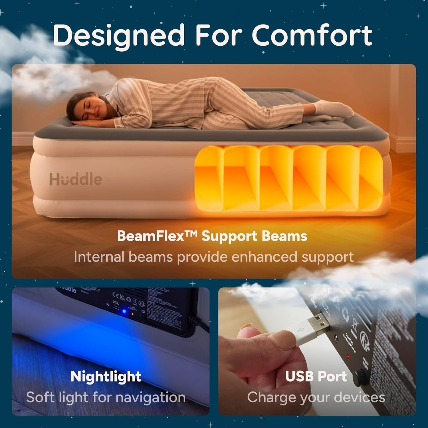 Double Inflatable Air Bed Built-In Electric Pump Raised Guest Mattress