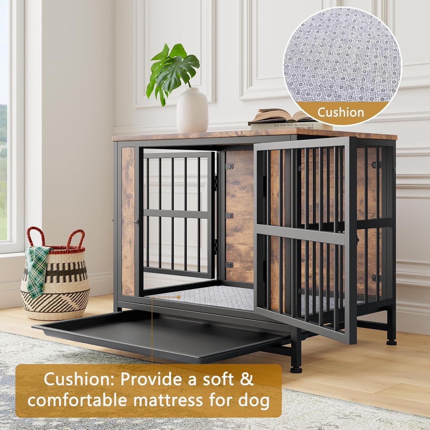 Heavy Duty Chew-Resistant Dog Crate Furniture with Double Doors & Tray