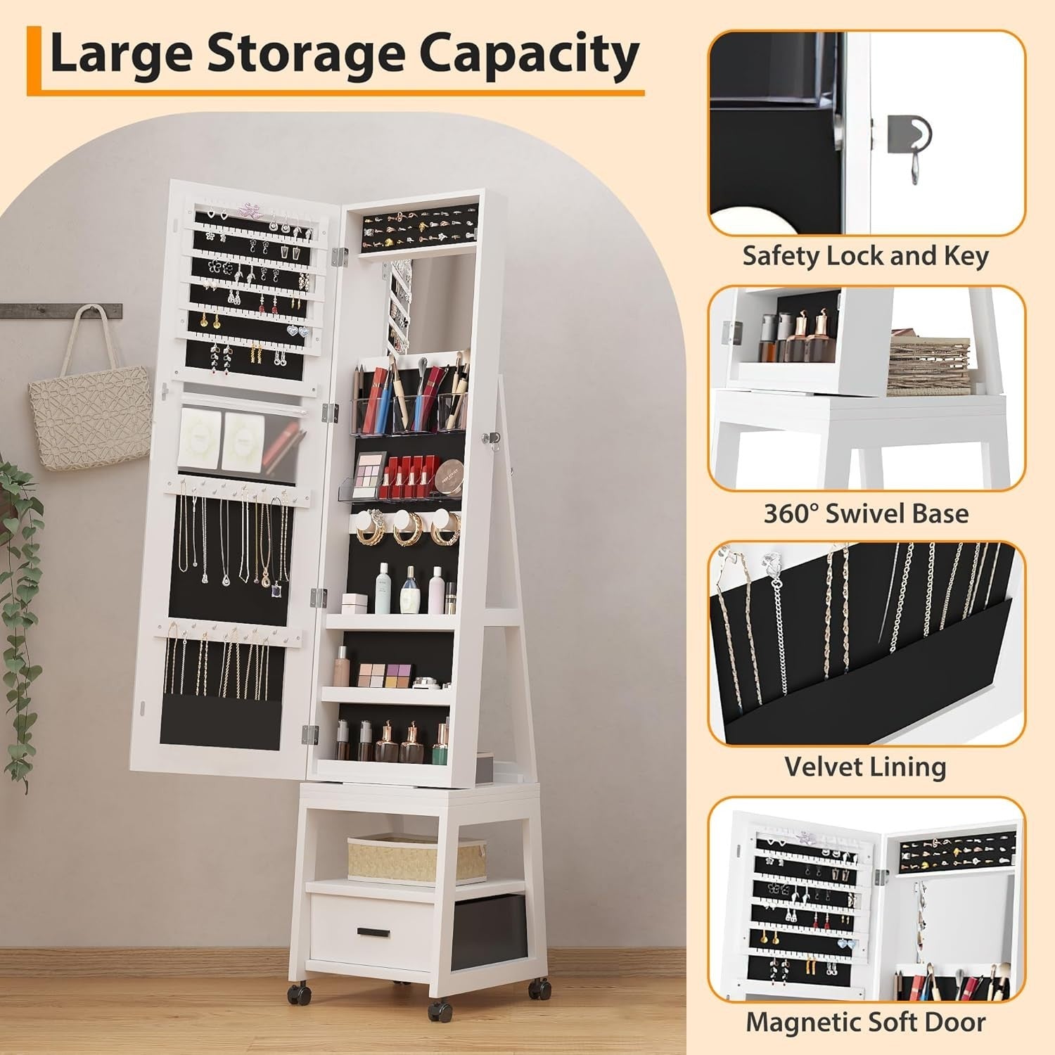 White 360° Rotating Jewellery Cabinet Lockable Full Length Mirror