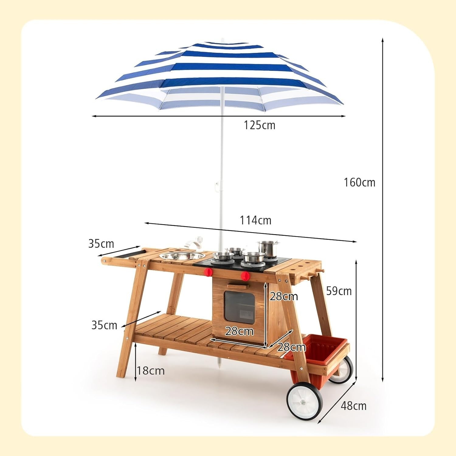 Wooden Mud Kitchen Outdoor Kids Cooking Cart Sink Umbrella Blue Toy